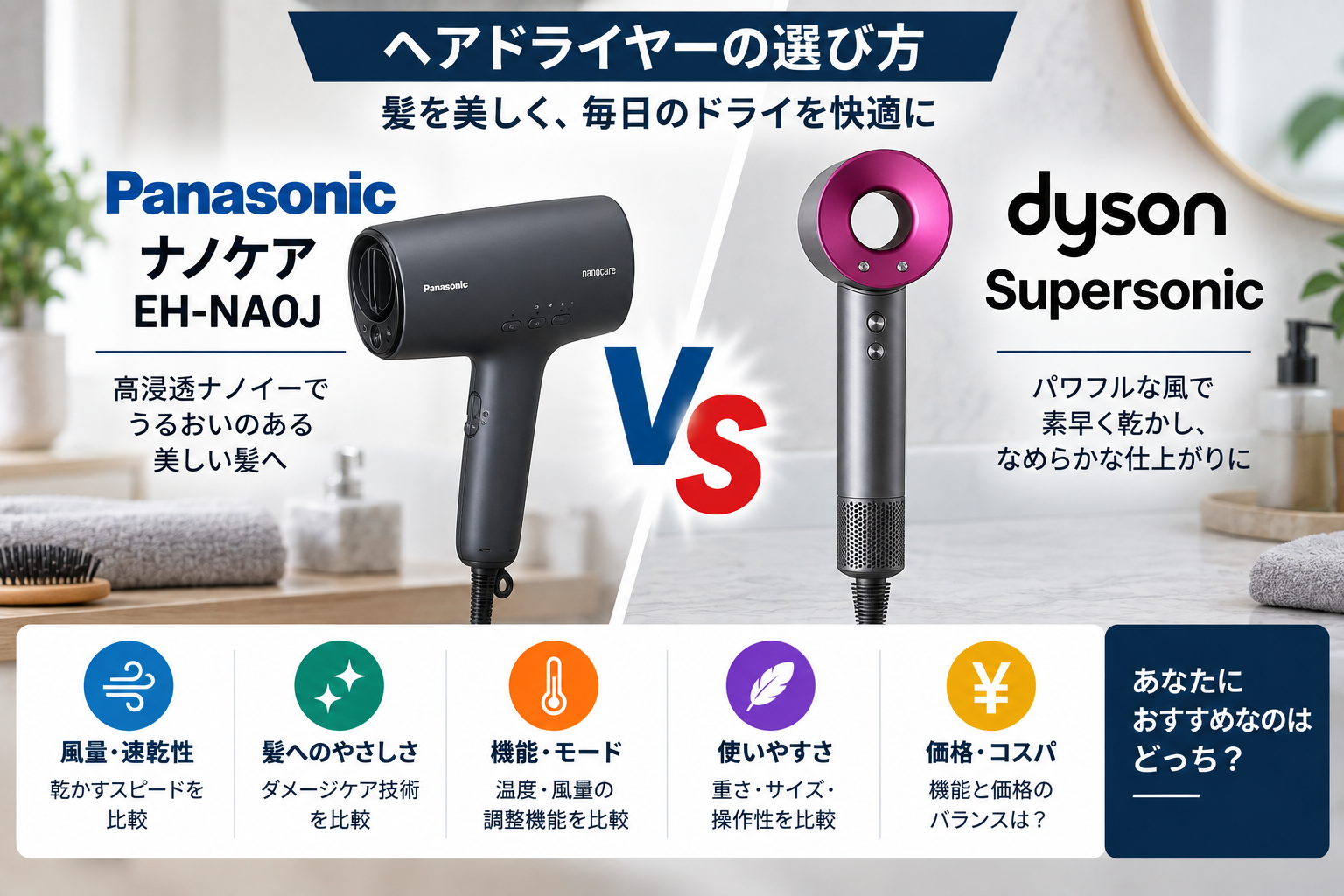 パナソニックナノケアEH-NA0JとダイソンSupersonic比較｜ヘアドライヤーの選び方