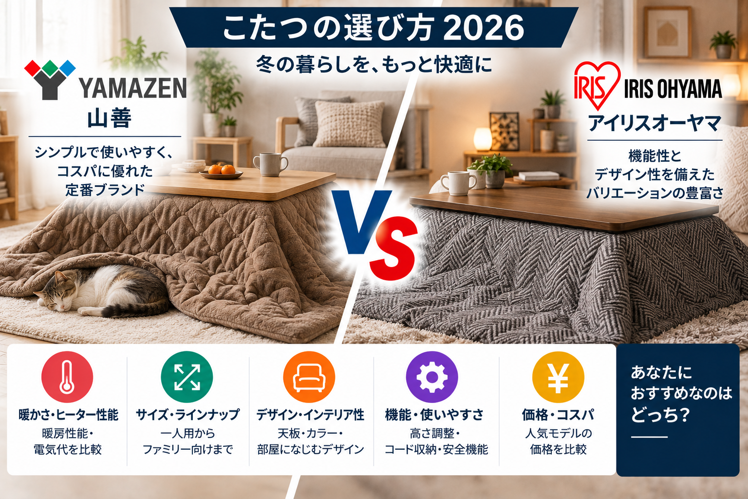 山善とアイリスオーヤマ比較｜こたつの選び方2026