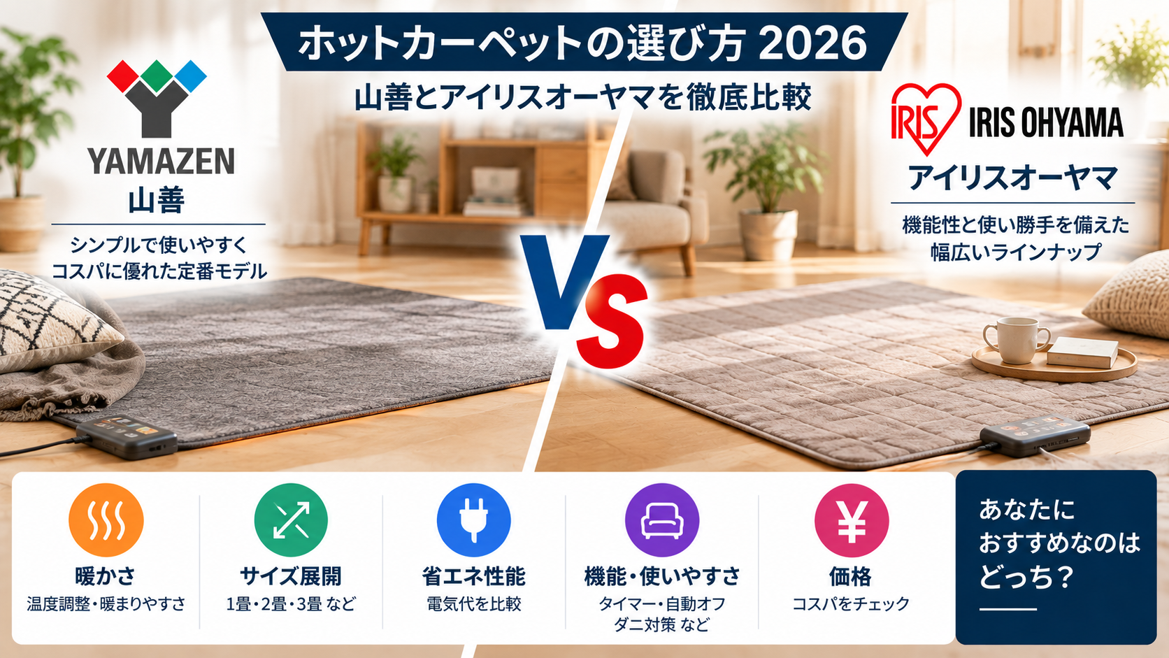 山善とアイリスオーヤマ比較｜ホットカーペットの選び方2026
